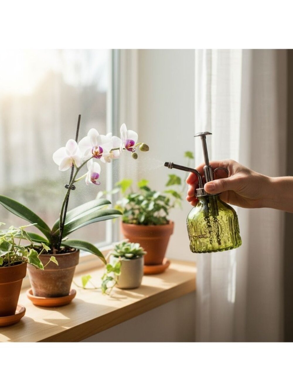 Olive Green Glass Orchid Mister 6.8 oz Air Plant Fine Mist Spray Bottle - Picture 5 of 11